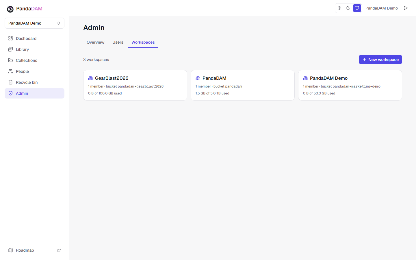 PandaDAM admin area listing multiple workspaces, each with its own dedicated storage