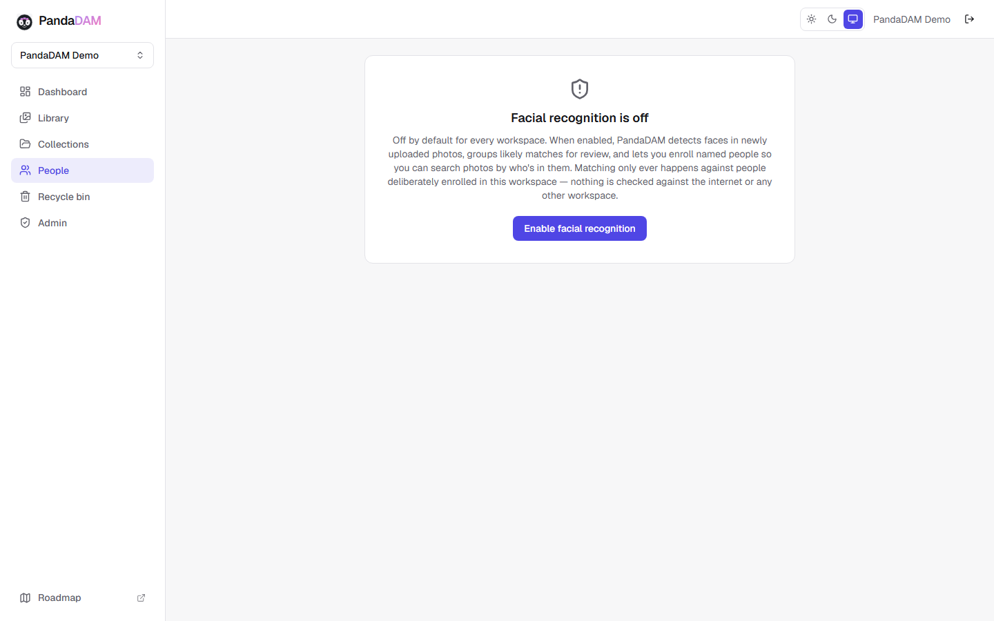PandaDAM people view showing photos automatically grouped by detected face