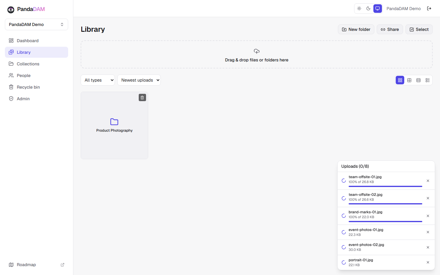 PandaDAM upload flow showing files being added to a workspace