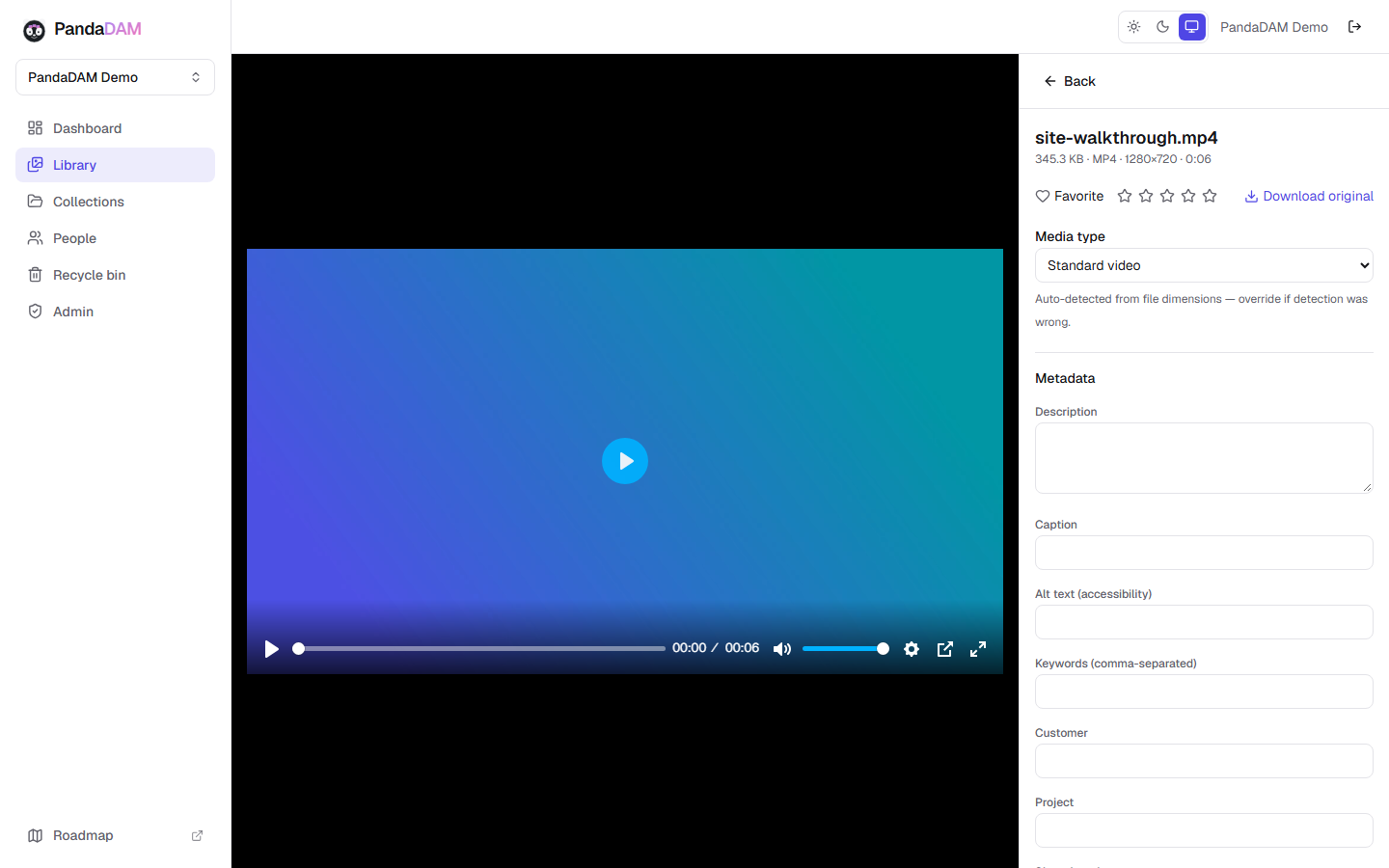 PandaDAM built-in video player with playback controls